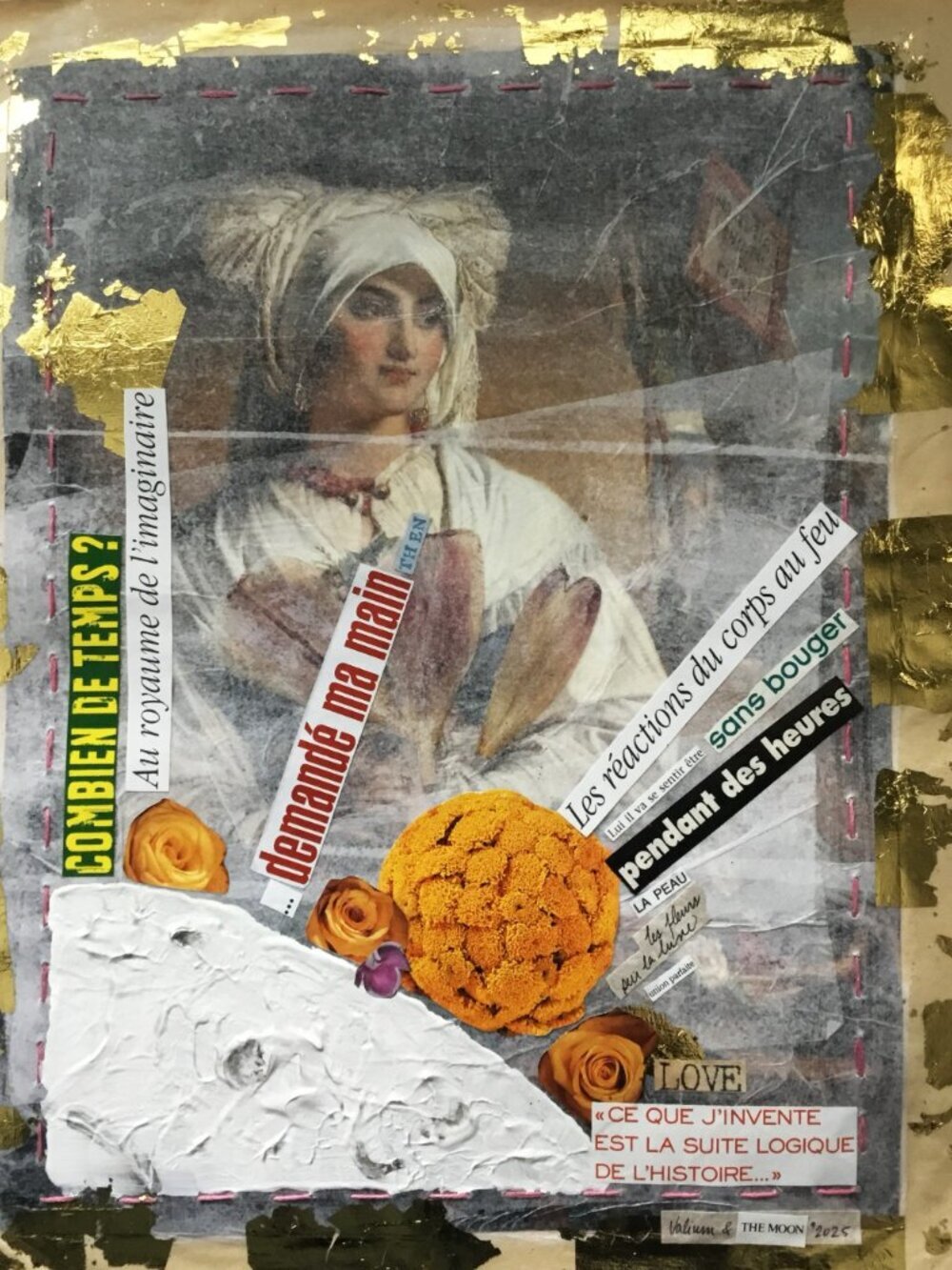 Collage on reproduction mounted on silk and butcher's papers 13 1/2 X 10 1/2inch